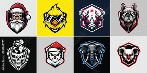 A Set of 8 Esport Mascot Logos: Santa Claus, Chicken, Deer, French Bulldog, Skull, Snowman, Elephant, and Koala Character Emblems for Gaming, Team Identity, or Branding Projects, Fully Editable Vector