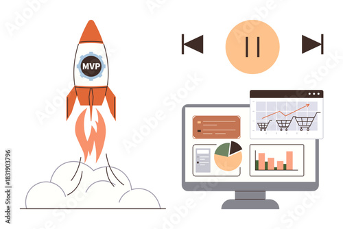 Rocket launching with MVP badge, beside a screen displaying e-commerce metrics, charts, and controls. Ideal for startups, innovation, product launch, growth, analytics strategy simple flat metaphor