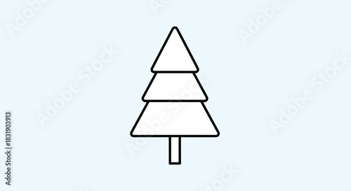 Simple geometric Christmas tree icon with a clean white outline, isolated on a soft light blue background for holiday designs.