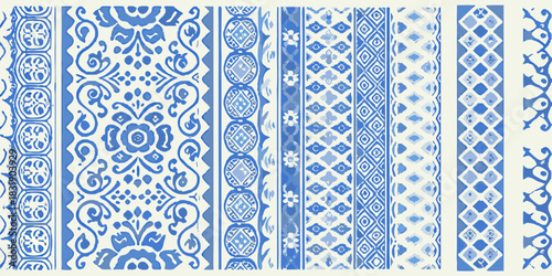 Ai,jpg and eps | assorted blue and white patterned vertical stripes with floral and geometric elements design repeat | editable vectors