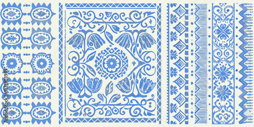 Ai,jpg and eps | an illustration of a blue and white patterned textile featuring floral and geometric designs arranged vertically | editable vectors
