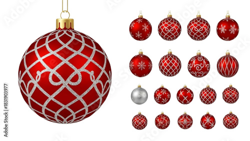 Set of Red Christmas Ornaments with White Snowflake and Swirl Designs