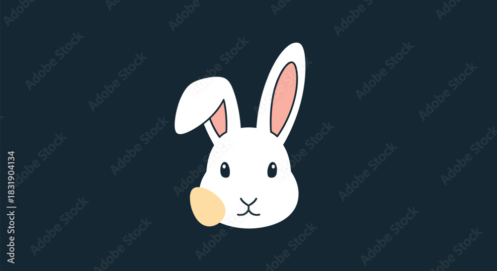 Fototapeta premium Simple and cute Easter bunny illustration, showing a white rabbit's head holding an egg, on a solid dark blue background.