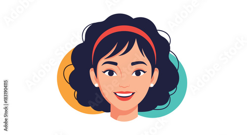 A vibrant cartoon portrait of a beautiful smiling woman with dark wavy hair, a red headband, and a cheerful expression.