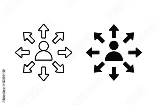 Delegation icon with a central person and multiple arrows. Skill sharing vector icon. Business distribution icon set