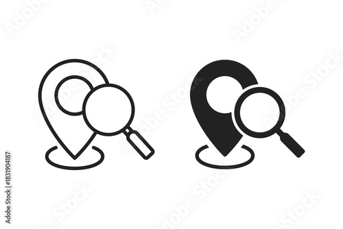 Location search icon. Map searching, magnifying glass with locator symbol. Magnifying glass focusing on a location pin icon