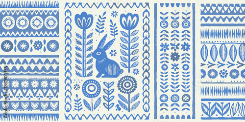 Ai,jpg and eps | detailed folk art illustration featuring a blue rabbit surrounded by floral and geometric patterns | editable vectors
