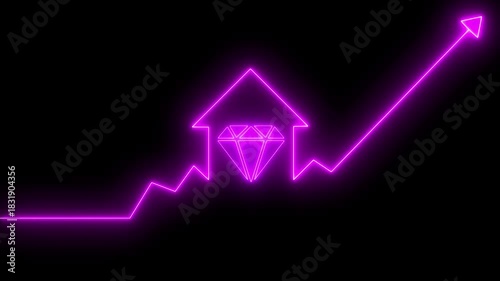 Home icon house sign neon lights animation with up arrow diamond stone icon. Neon House, home building animation. Neon home business graph icon animation, Gem Stone on a Transparent Background. 4K 