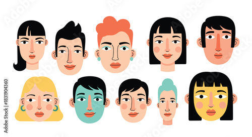 A diverse collection of modern, stylized cartoon portraits of men and women with different hairstyles and expressions on a white background.