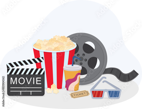 Still life with film clapperboard, reel, popcorn bucket, soda cup, 3D glasses and movie ticket. Illustration with cinema and movie elements