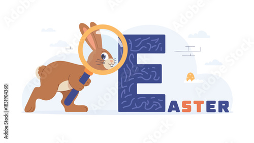 Cute cartoon bunny rabbit examining the letter e with a magnifying glass for easter celebration