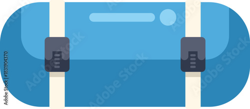 Rolled up blue sleeping bag with fasteners, camping equipment for outdoor recreation