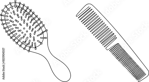 Black and White Illustration of a Hairbrush and Comb