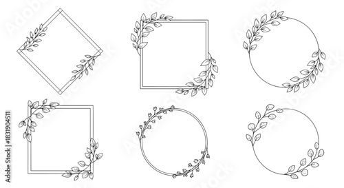 A collection of six elegant hand-drawn frames in square, circular, and diamond shapes, decorated with delicate leafy branches.