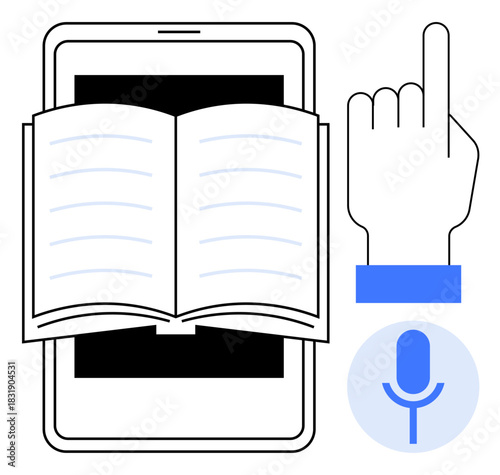 Open book over tablet, microphone symbol, pointing hand gesture. Ideal for e-learning, digital education, voice control, accessibility, online reading, teaching tools simple flat metaphor