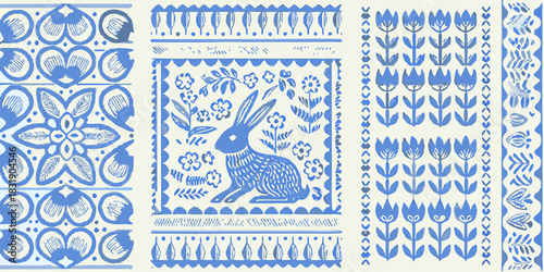 Ai,jpg and eps | three blue and white patterned panels featuring floral designs rabbit and geometric borders in a row art | editable vectors