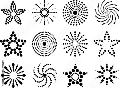 Collection of Black and White Dot Art Geometric Shapes and Stars