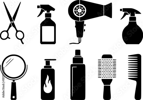 Collection of Black and White Icons for Hairdressing and Beauty Services