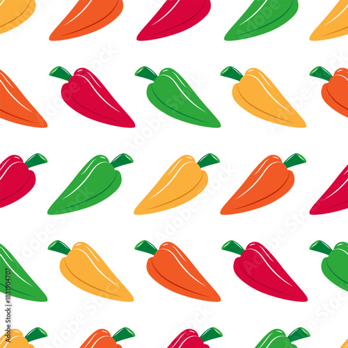 Seamless pattern of red, yellow, orange and green bell peppers on white background. Used for  packing vegetables, wrapping paper, kitchen textiles. 