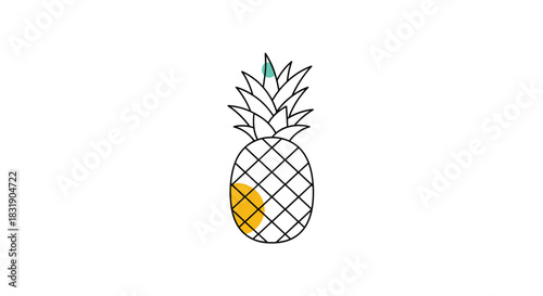 Minimalist line art illustration of a pineapple with abstract yellow and green color accents, in a simple, modern artistic style.