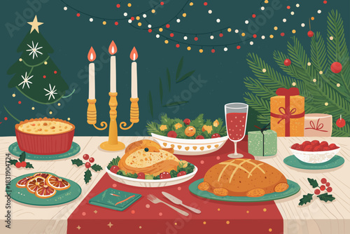 Christmas Dinner Table With Festive Food High-Quality Stock Image Ideal for Marketing