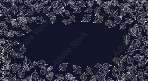 A beautiful and elegant frame of hand-drawn white leaves creating a border with central copy space on a dark navy blue background.