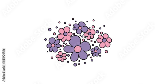 A charming and playful cluster of cute doodle-style flowers and dots in shades of pink and purple on a white background.
