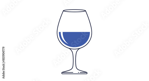 A minimalist and modern line art icon of a wine glass with a splash of vibrant blue liquid, isolated on a white background.