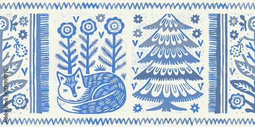Ai,jpg and eps | illustration of a blue fox sleeping near stylized trees and flowers in a folk art inspired pattern | editable vectors