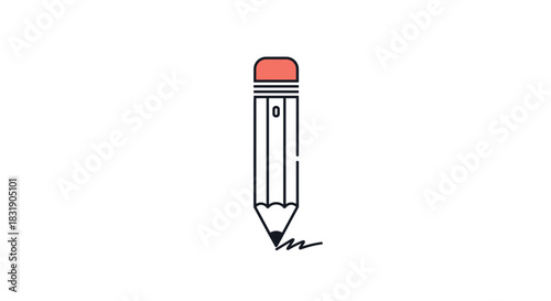 A clean and modern line art icon of a pencil with a red eraser, shown writing a small scribble on a white background.