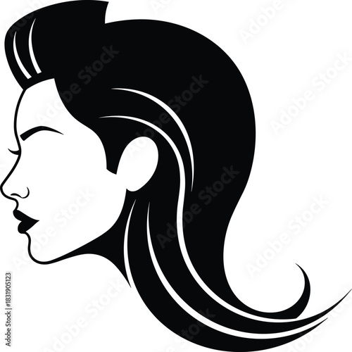 Profile black silhouette of a beautiful woman's face with elegant, flowing hair and defined eyelashes, suitable for beauty salon, hair stylist, and cosmetic branding logos.