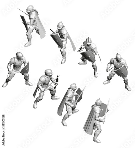 Low poly knights in various poses, each armed with a sword and shield. The monochrome black and white style creates a classic and timeless aesthetic. Isometric view