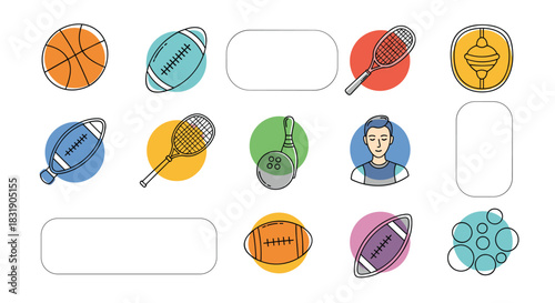 A collection of sports and activity-related icons in a sketchy line art style with colorful abstract background shapes.