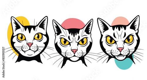 A set of three expressive cat head illustrations in a bold black and white style, showing different moods from calm to angry.