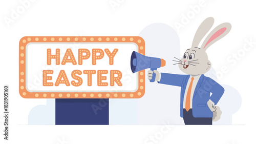 Happy easter announcement from a business bunny in a suit holding a megaphone next to a marquee sign