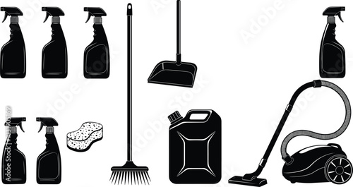Set of Black and White Cleaning Supplies Silhouettes: Spray Bottles, Broom, Dustpan, Sponge, Jerry Can, and Vacuum Cleaner Vector Illustration Collection for Housekeeping and Service