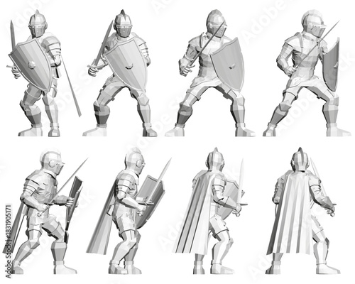 Six medieval knights in black and white, each holding a sword and shield with detailed armor, stand isolated on a stark white background.