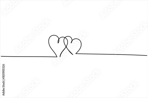 Continuous line art two hearts on white background for love illustration