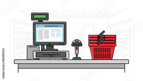 Modern checkout terminal and baskets ready for shoppers at vibrant supermarket, conveying efficient service and convenience