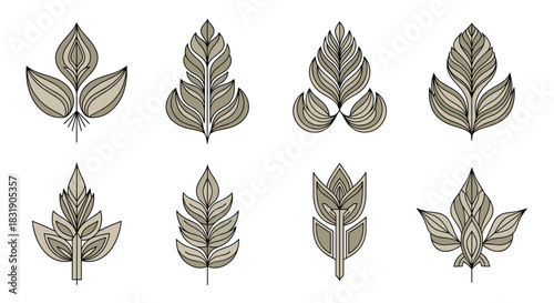 A set of eight stylized and symmetrical leaf designs in a muted, earthy color palette with intricate line patterns.