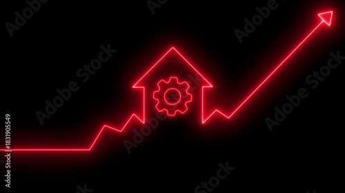Home icon house sign neon lights animation with up arrow setting gear maintenance icon. Adjusting, service, setting, maintenance, repair, fixing. Neon home business graph icon animation. 4K video 