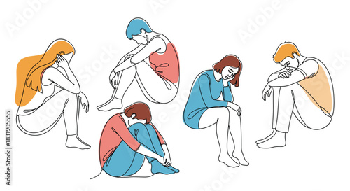 A group of people in a state of sadness or depression, illustrated with a continuous line art style and abstract color shapes.