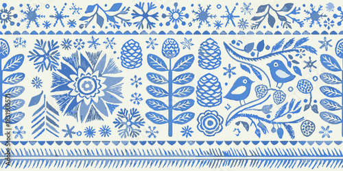 Ai,jpg and eps | watercolor winter pattern with snowflakes pine cones birds and floral elements in blue and white colors | editable vectors