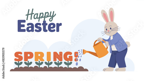 Happy easter greeting with a cute bunny watering spring flowers and the word spring