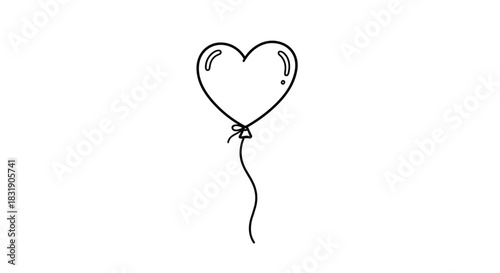 A simple and cute hand-drawn illustration of a heart-shaped balloon with a string, in a clean black and white line art style.