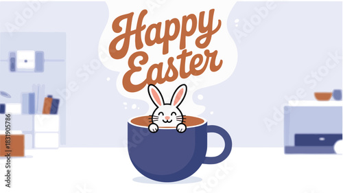 Cute cartoon bunny peeking out of a coffee cup with happy easter text above
