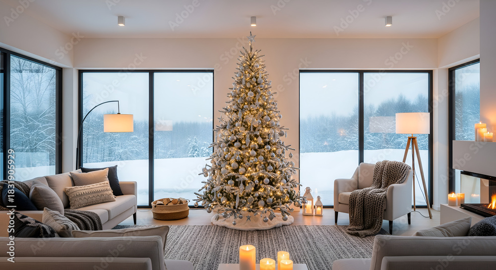 Obraz premium Christmas modern living room interior design featuring a fireplace, stylish furniture, and a large window view of the home space