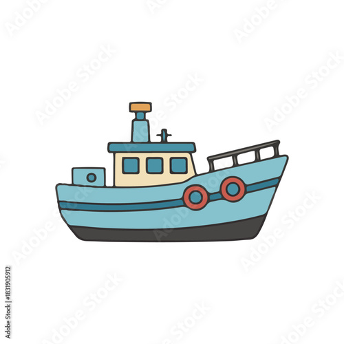 A cartoon illustration of a blue fishing boat, complete with cabin and life preservers.