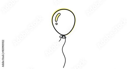 Simple line art drawing of a single celebratory balloon with a yellow highlight, floating on a clean white isolated background.