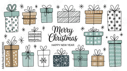 Set of Hand Drawn Modern Christmas Gifts with Decorative Elements, Festive Doodle Sketch Icons and Seasonal Holiday Present Designs in Clean Vector Illustration